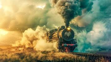 ai generado Clásico vapor tren en dramático puesta de sol ligero foto