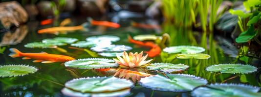 AI Generated Serene koi pond with water lily photo