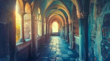 AI Generated Enchanted medieval cloister in sunset light photo