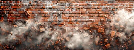 AI Generated Exploding brick wall with flying debris and dust photo