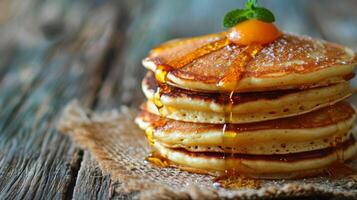 AI generated Stack of Pancakes on Wooden Table photo