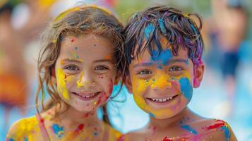 ai generado dos joven niños cubierto en vistoso pintar en pie juntos foto