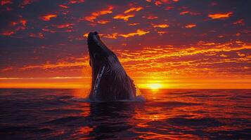 ai generado jorobado ballena inmersiones dentro Oceano a puesta de sol foto