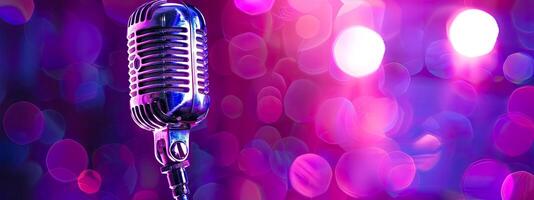 AI Generated Vintage microphone on colorful bokeh background, copy space photo