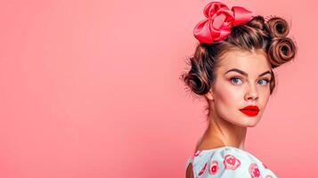 AI Generated Vintage pin-up beauty with hair rollers photo