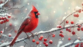 ai generado rojo pájaro encaramado en cubierto de nieve árbol rama foto