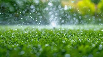 ai generado un espolvorear de agua en un verde césped foto