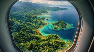 ai generado avión ventana ver de tropical isla foto