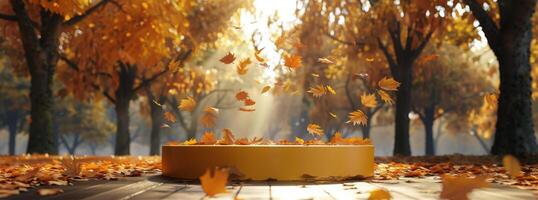 AI generated Yellow Round Table Surrounded by Leaves in Forest photo