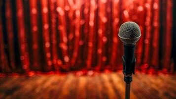 AI Generated Stand-up stage mic on red curtain backdrop photo