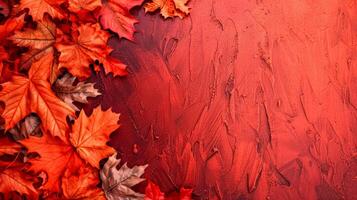 AI Generated Autumn leaves on red background photo