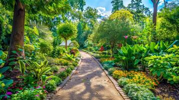 ai generado vibrante jardín ruta en lleno floración foto