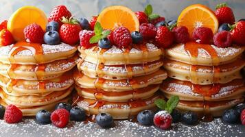 AI generated Stack of Pancakes on Wooden Cutting Board photo