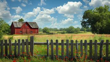 AI generated Red Barn and Wooden Fence in Field photo