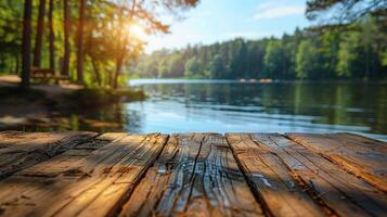 ai generado de madera mesa con vista a lago foto