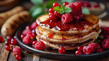 AI generated Stack of Pancakes With Raspberries and Syrup photo