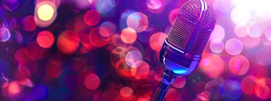 AI Generated Dazzling microphone on stage with bokeh lights photo