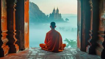 AI Generated Serene meditation at dawn with temple view photo