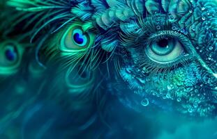 AI Generated Mystic peacock feather eye close-up photo