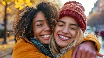 AI Generated Joyful friends embracing in autumn sunshine photo