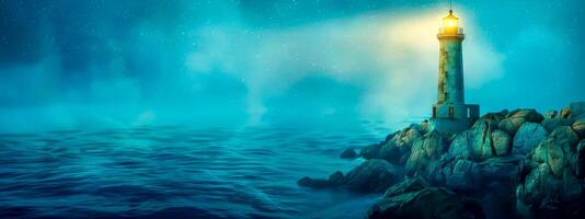 AI Generated Mystical lighthouse illuminating night seascape, copy space photo