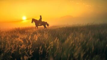 ai generado silueta de un caballo jinete a amanecer foto