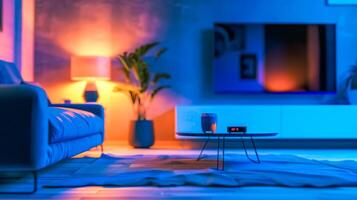 AI Generated Cozy evening living room in neon light photo