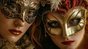 AI Generated Close-up of two people in ornate masks at a masquerade ball photo