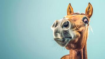 ai generado divertido caballo en azul antecedentes foto