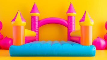 AI Generated Colorful inflatable castle on yellow background photo