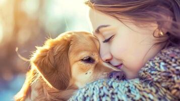 ai generado cariñoso abrazo Entre mujer y perro foto