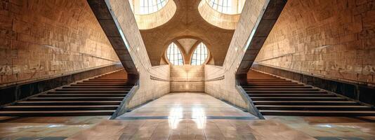 AI Generated Symmetrical grand staircase in modern building photo