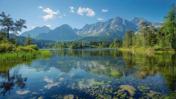 AI generated Lake Surrounded by Trees With Mountains in Background photo