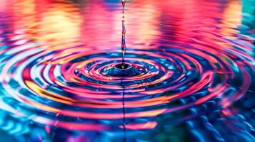 AI Generated Vibrant water droplet impact on colorful liquid surface photo