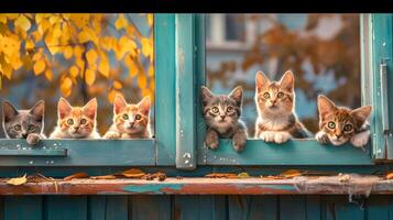 ai generado encantador gatitos en un ventana marco foto