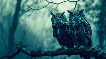 AI Generated Mystical twin owls perched in moonlight photo