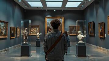 AI Generated Visitor contemplating art at museum gallery photo