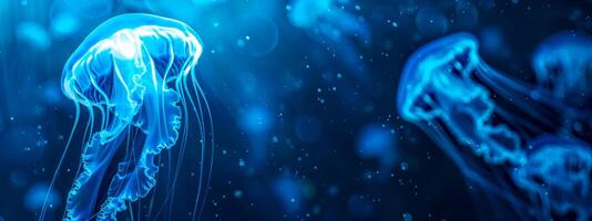 AI Generated Luminous jellyfish adrift in the deep blue sea photo