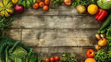 AI Generated Fresh organic produce on rustic wooden table photo