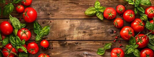 AI Generated Fresh tomatoes and basil on wooden background photo