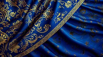 AI Generated Luxurious blue and gold fabric texture photo