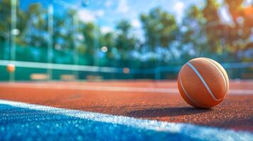 AI Generated Sunlit basketball on outdoor court photo