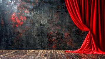 AI Generated Dramatic red curtain on grunge stage background photo