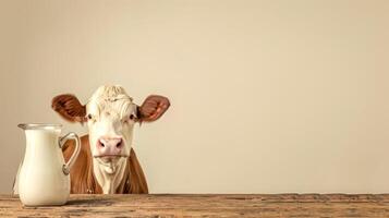 ai generado curioso vaca echar un vistazo terminado mesa con Leche jarra foto