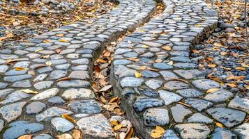 AI Generated Cobblestone paths with autumn leaves photo