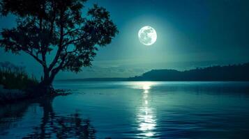 AI Generated Serene night scene with a full moon reflecting over a calm lake beside a silhouette of a lone tree photo