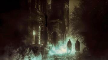 AI Generated Mysterious figures by gothic architecture in fog photo