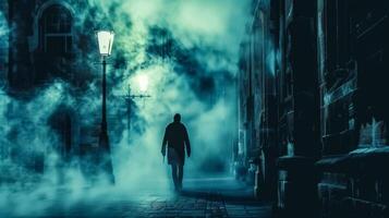 ai generado misterioso hombre caminando en brumoso noche por calle lamparas foto