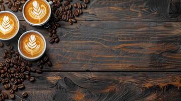AI Generated Coffee delight. top view of cappuccinos and beans on wood photo