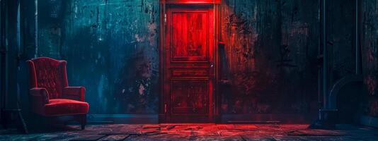 AI Generated Mysterious red door with vintage armchair in moody room photo